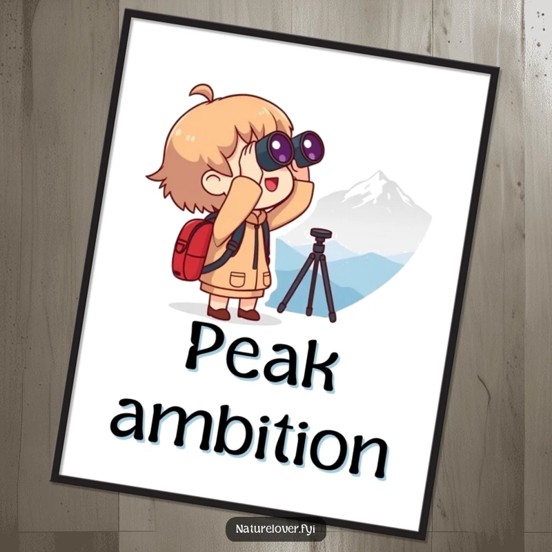 Funny digital art print of a character with binoculars looking at a distant mountain, ready to be framed for funny decor.