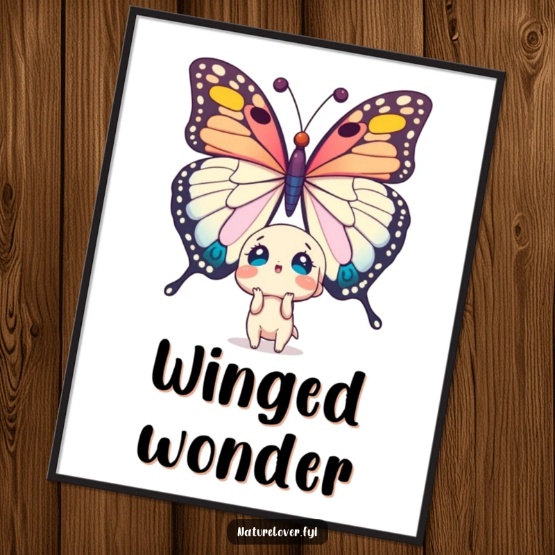 Funny digital art: cute character shocked by a huge butterfly. High-resolution humorous wall decor.