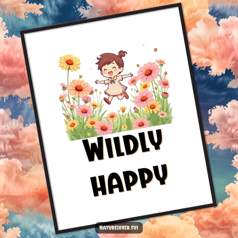 Funny digital art print of a joyful character skipping playfully through a meadow bursting with oversized, colorful wildflowers, full of life.