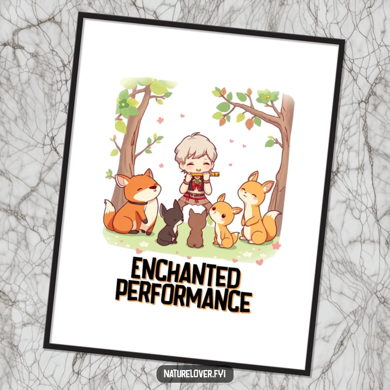 Funny digital art print of a character joyfully playing a flute for a group of attentive woodland creatures, ready to enchant.
