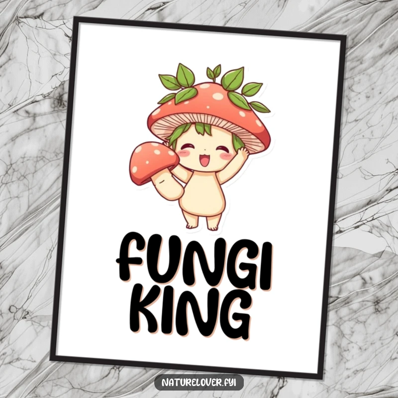 Funny digital art print of a cute character with leafy hair triumphantly holding a large mushroom, ready to be framed for funny decor.