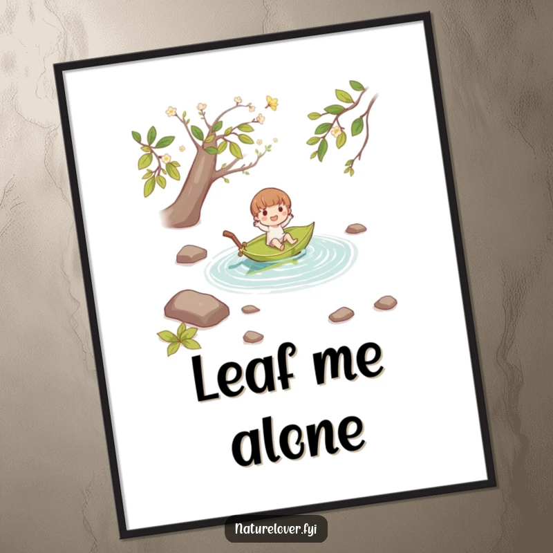 Funny small character joyfully floating down a stream on a fallen leaf boat, available as a downloadable digital art print.