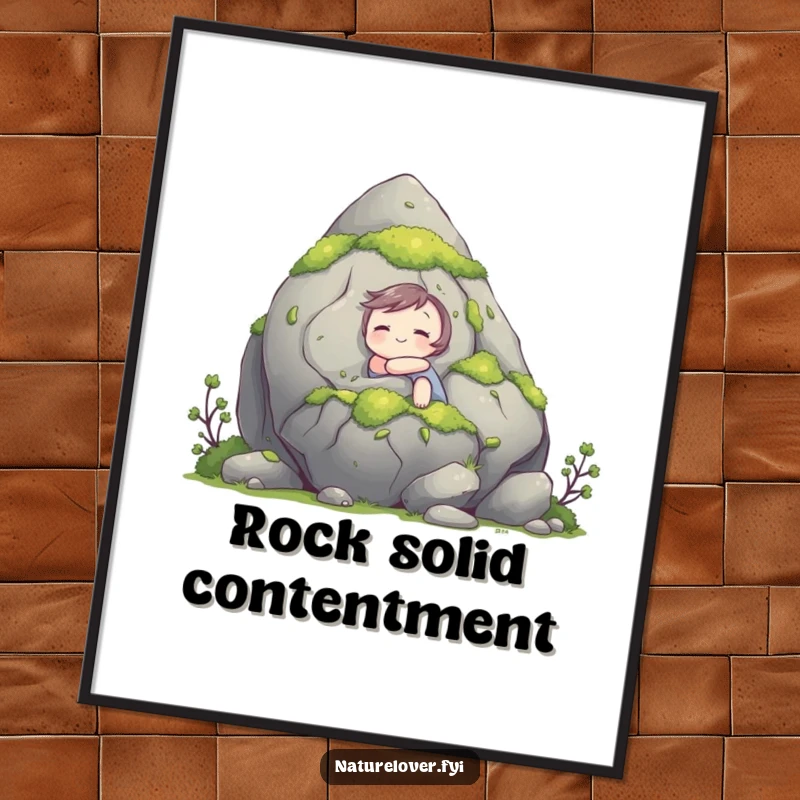 Funny digital art print showing a cute character happily hugging a giant, moss-covered rock, celebrating contentment and nature with humor.