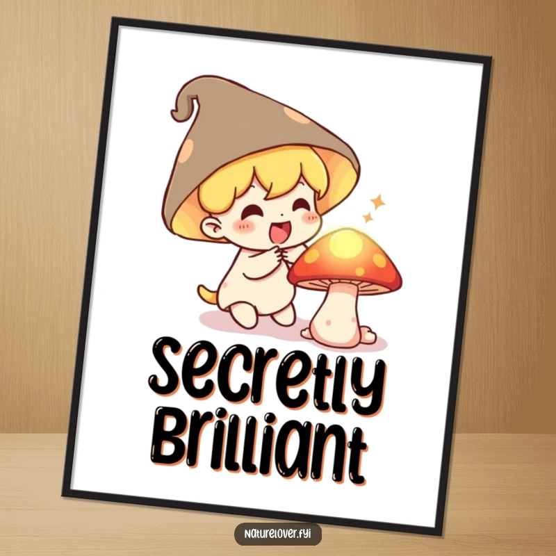 Funny Digital Art Print: Small character gasps with delight discovering a secret, glowing mushroom, ideal for enchanting decor.