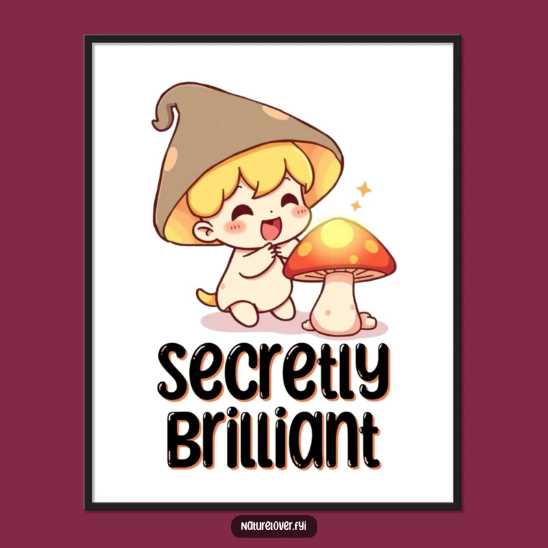 Funny Mushroom Discoverer Digital Print: Delighted Character's Glowing Secret Surprise Art
