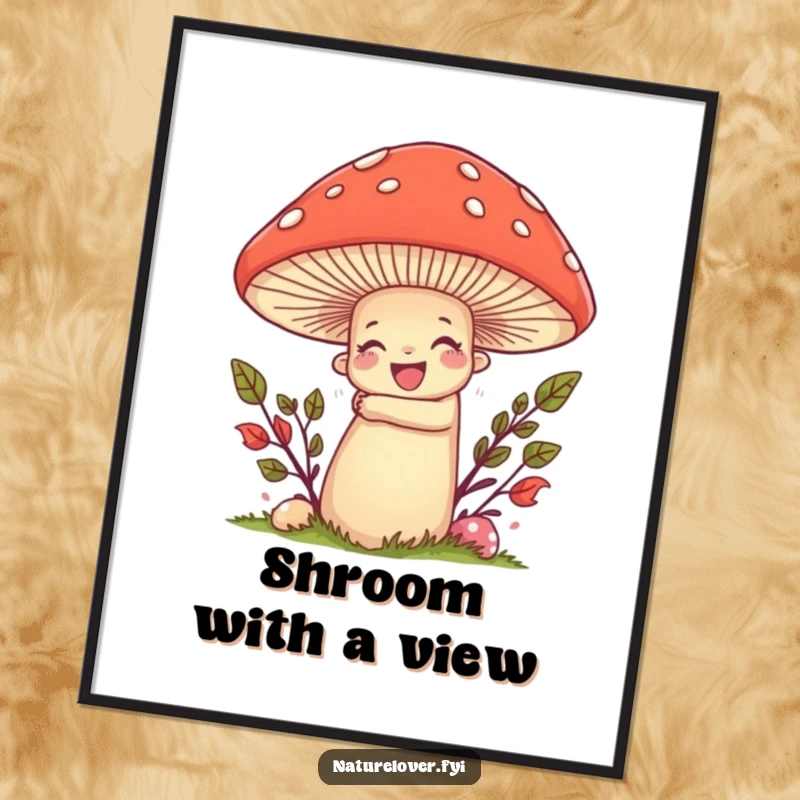 Funny digital art print of a nature lover character joyfully hugging a giant, smiling mushroom, ideal for wall decor.