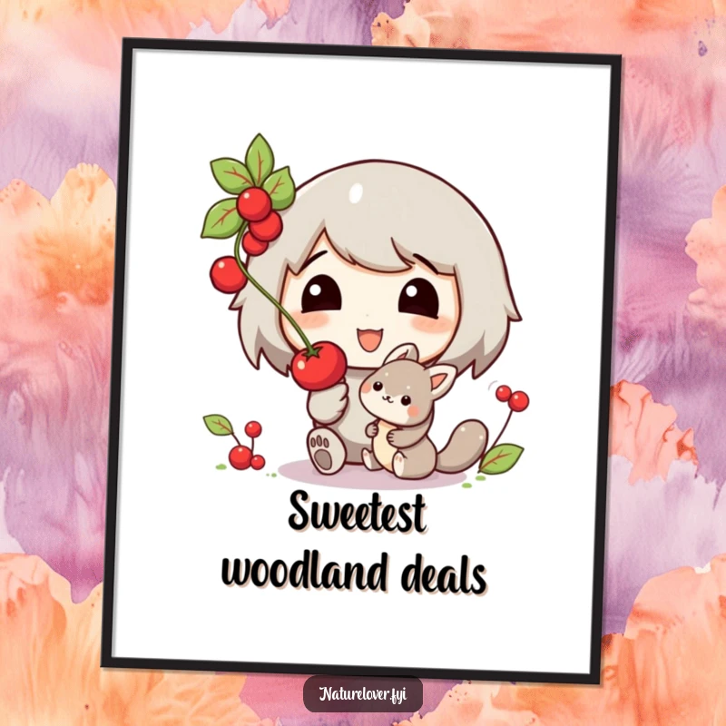 Funny digital art print of a smiling character offering a berry to a small, friendly woodland creature, symbolizing friendship and joy.