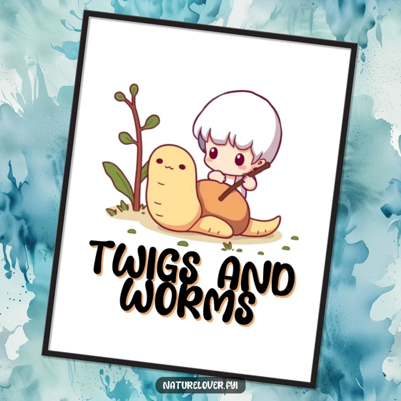 Funny Worm Curiosity Digital Print: A tiny character curiously pokes a worm with a twig, a charming and humorous digital artwork.