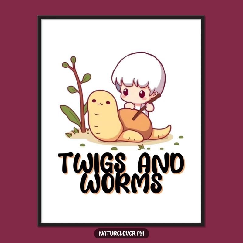 Funny Worm Curiosity Digital Print: Tiny Character Art, Instant Download, Perfect Funny Gift for Decor