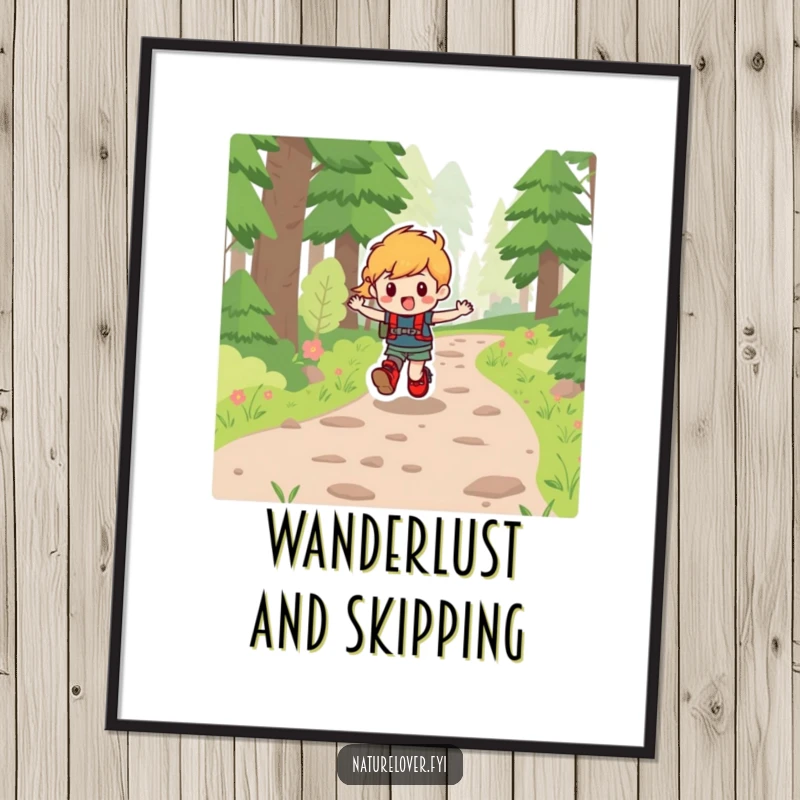 Funny digital art print of a character wearing hiking boots, skipping happily along a forest path, full of joy.