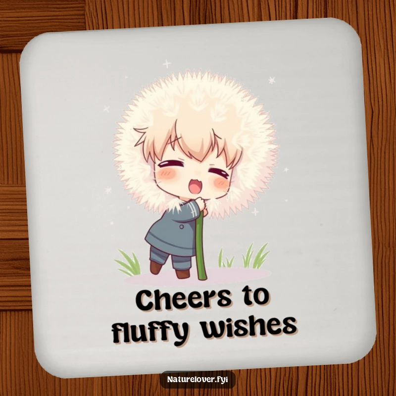 Funny coasters featuring a character attempting to hug a comically large, fluffy dandelion, perfect for whimsical decor.