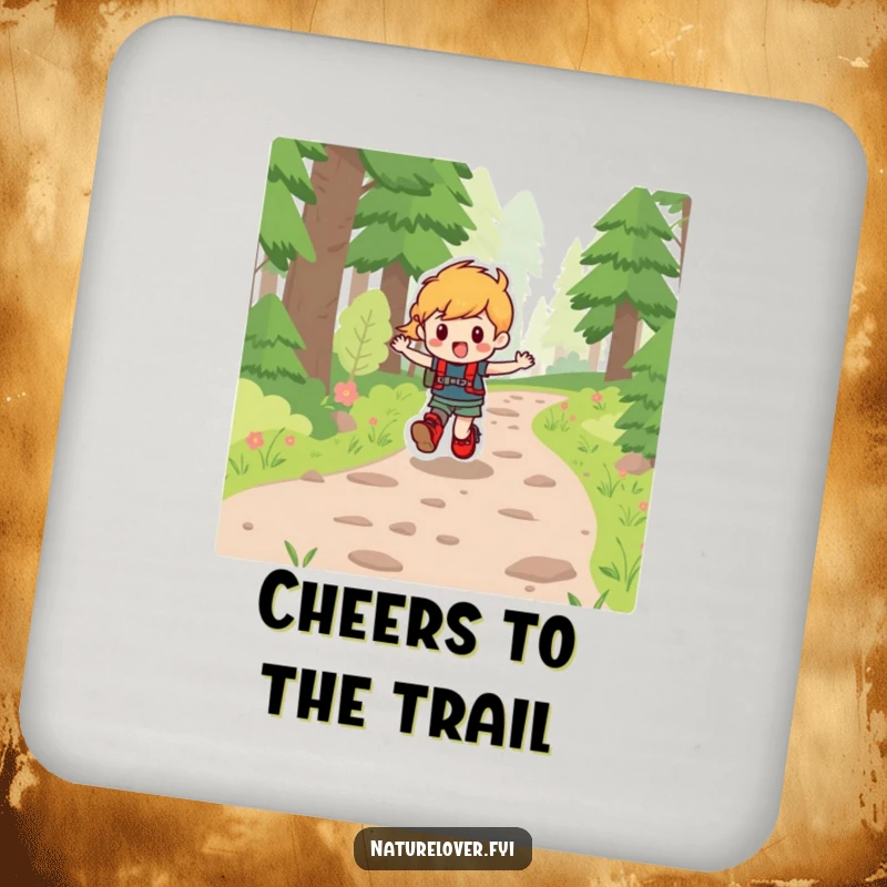 Funny coasters featuring a character in hiking boots skipping joyfully on a forest path, bringing outdoor vibes.