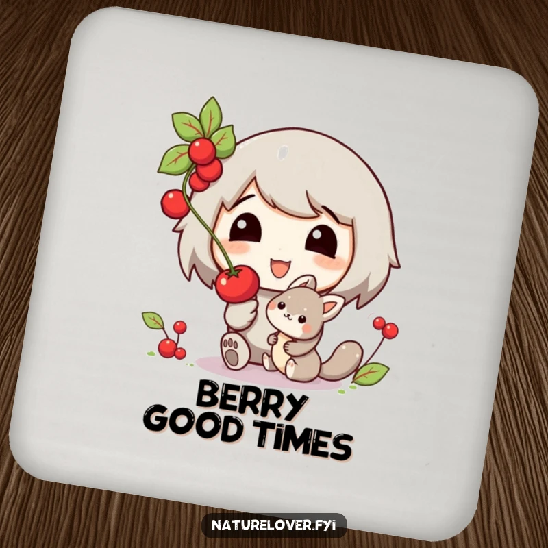 Funny coaster showcasing a smiling character offering a berry to a small, friendly woodland creature, protecting surfaces with charm.