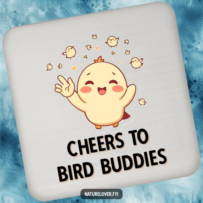Funny Coaster: A happy character waves at a flock of tiny birds, protecting surfaces with cheerful charm.