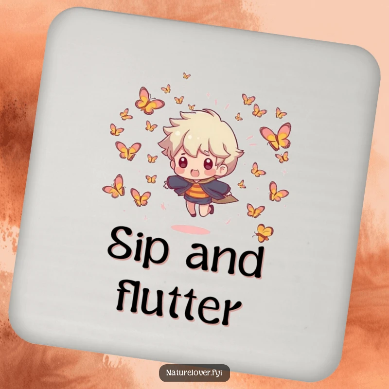 Funny drink coaster depicting a character being playfully chased by a swarm of tiny, smiling butterflies, adding whimsy protection.