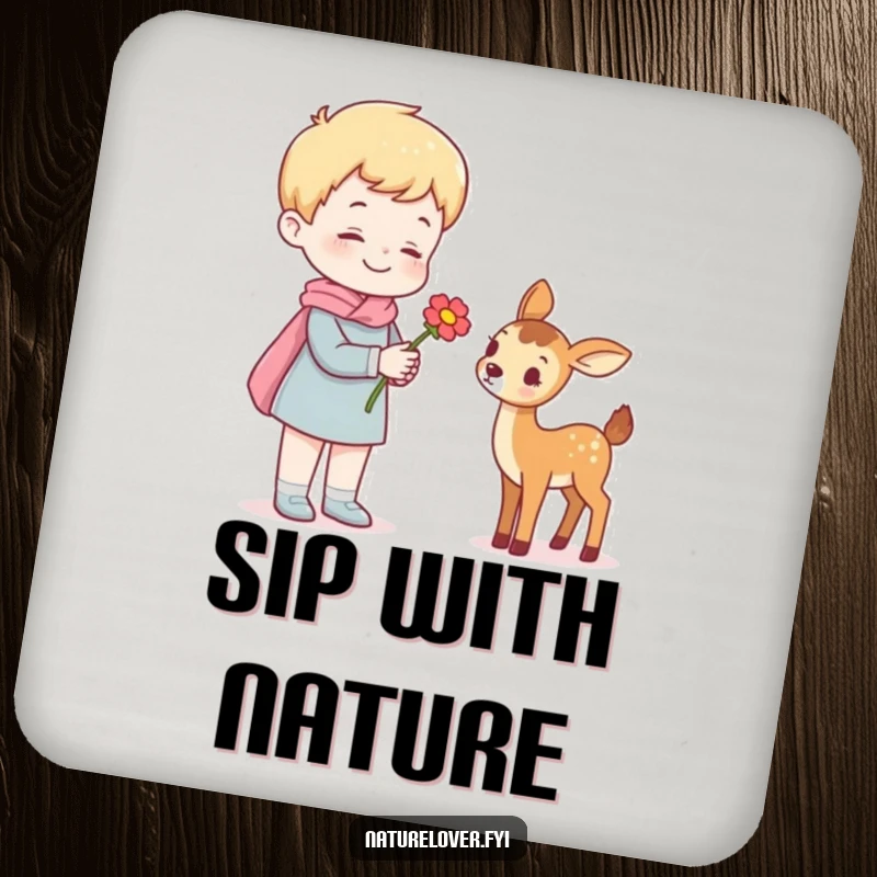 Funny drink coaster showing a cheerful person offering a flower to a tiny deer, adding humor to drink protection.