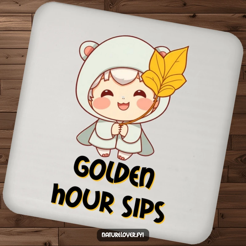 Funny drink coaster showing a smiling character catching a golden leaf from a breeze, adding humorous protection.