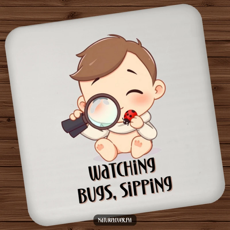 Funny coasters featuring a character using a magnifying glass to curiously examine a tiny ladybug, perfect for nature decor.