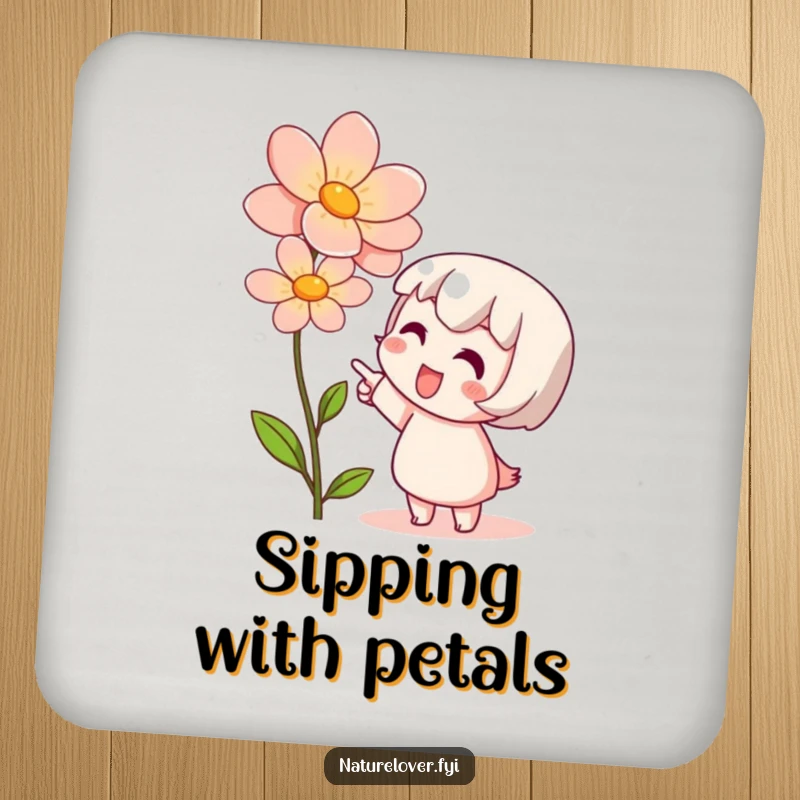 Funny coasters featuring a cute character admiring a blooming flower, adding a touch of nature and humor.