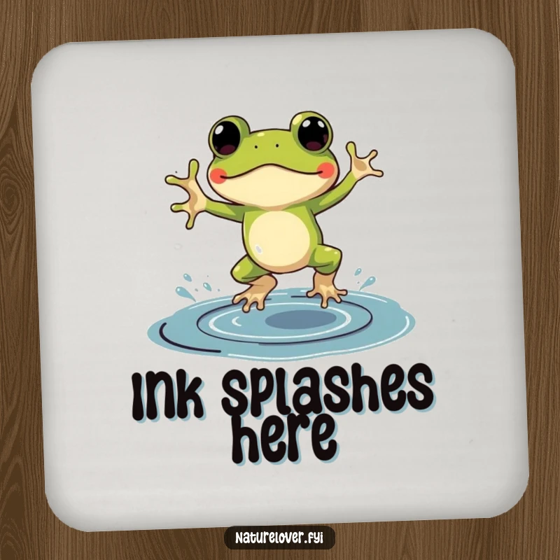 Funny drink coaster featuring a frog in tiny galoshes, joyfully jumping in a large puddle of ink.