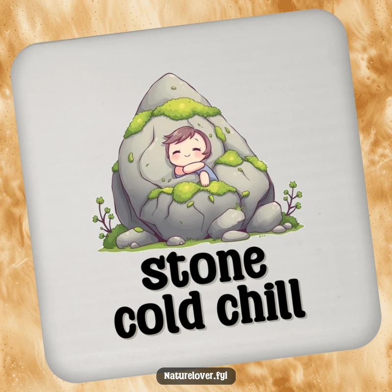 Funny coaster featuring a cute character happily hugging a large, moss-covered rock, adding humorous and natural protection to tabletops.