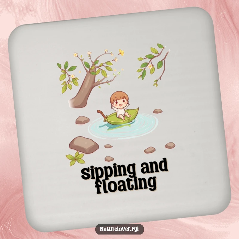 Funny small character joyfully floating down a stream on a fallen leaf boat, protecting surfaces with this cute drink coaster.