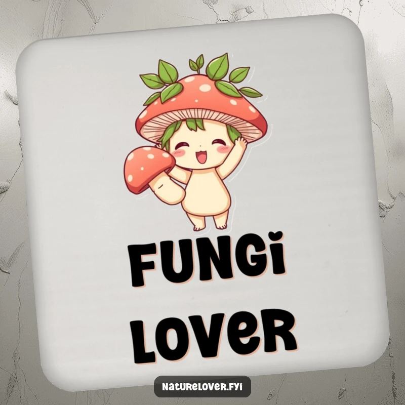 Funny drink coaster showcasing a cute character with leaves in hair triumphantly holding a large mushroom, protecting surfaces with funny charm.
