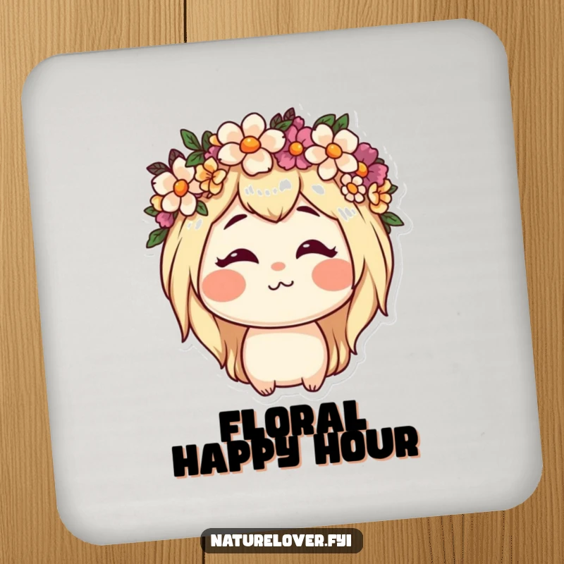 Funny drink coaster with a nature lover character wearing a flower crown and making a silly face, adding garden humor to tables.