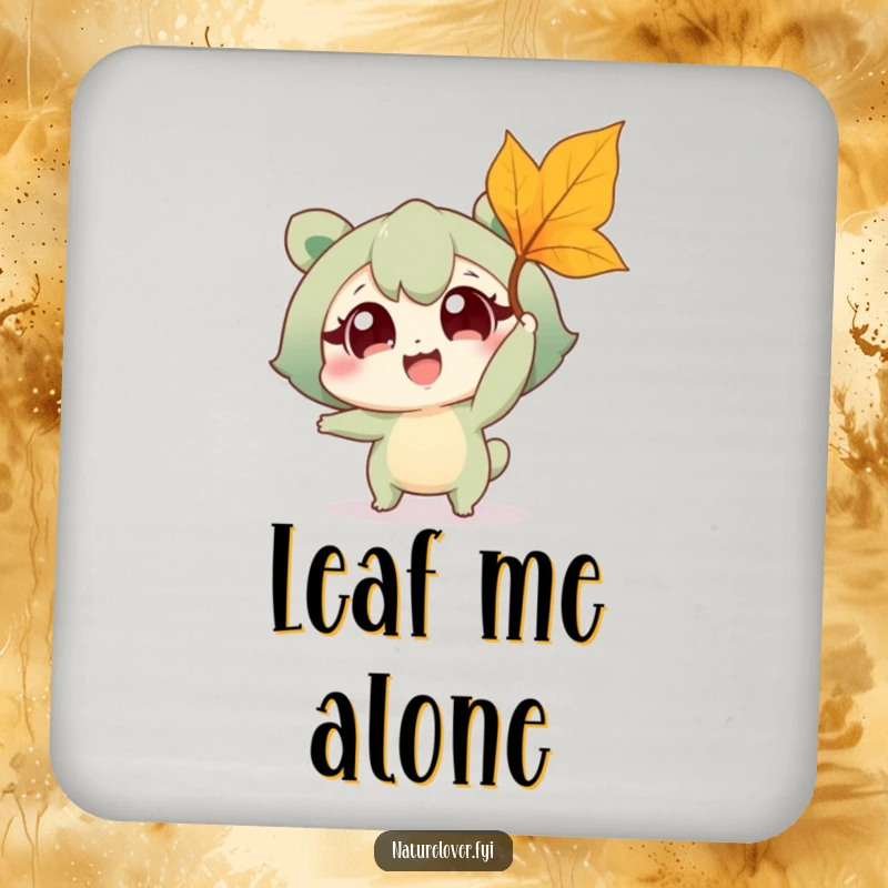 Funny drink coaster showing a nature lover character excitedly trying to catch a falling leaf, protecting furniture with a smile.
