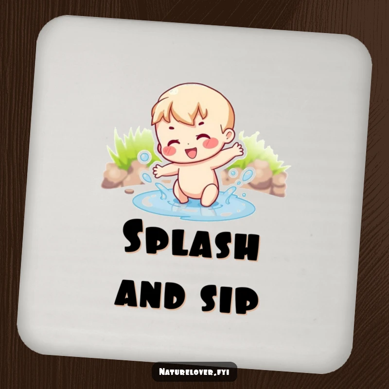 Funny joyful character gleefully splashing in a tiny puddle, adding humor and protection with these coasters.