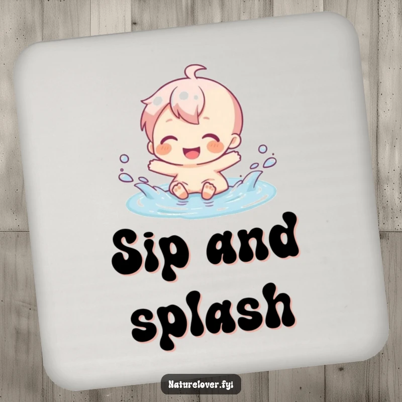 Funny drink coaster showing a character gleefully splashing in a tiny puddle, adding a touch of joy to surfaces.