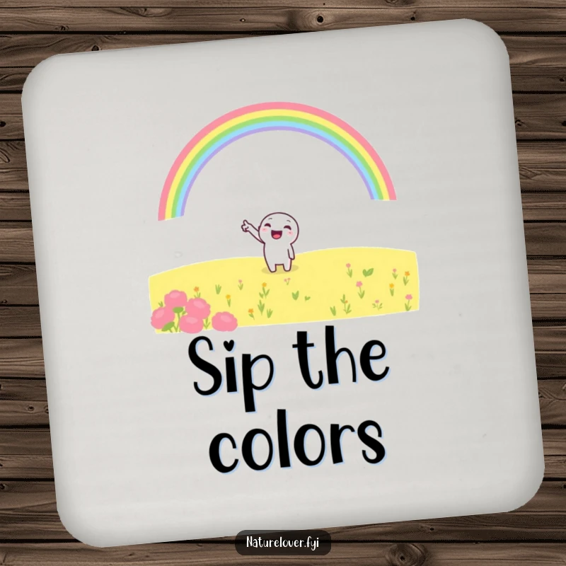Funny coaster featuring a cheerful character pointing at a rainbow, adding humorous and hopeful protection to tabletops.