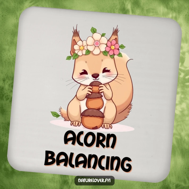 Funny drink coaster featuring a squirrel in a flower crown, humorously balancing acorns on its nose.