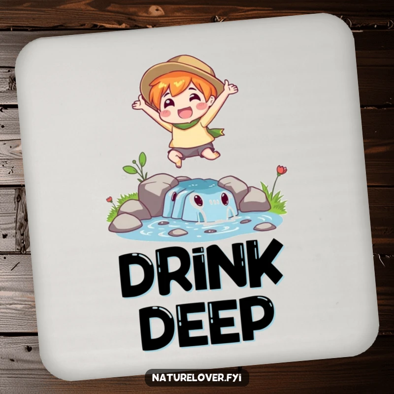 Funny Stream Leap Drink Coaster: A nature lover character leaps over a small stream, a humorous and functional accessory.