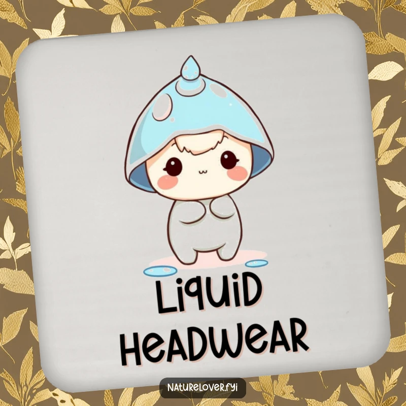 Funny dewdrop hat coaster with a tiny character comically attempting to wear a dewdrop as a hat, protecting surfaces with charm.