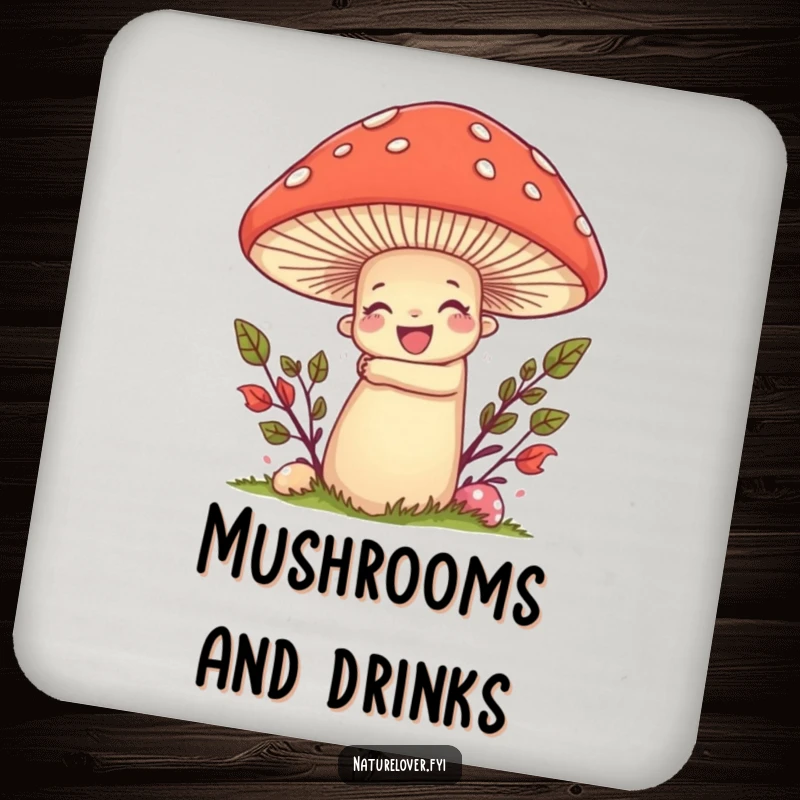 Funny drink coaster with a nature lover character enthusiastically hugging a giant, smiling mushroom, adding natural charm.