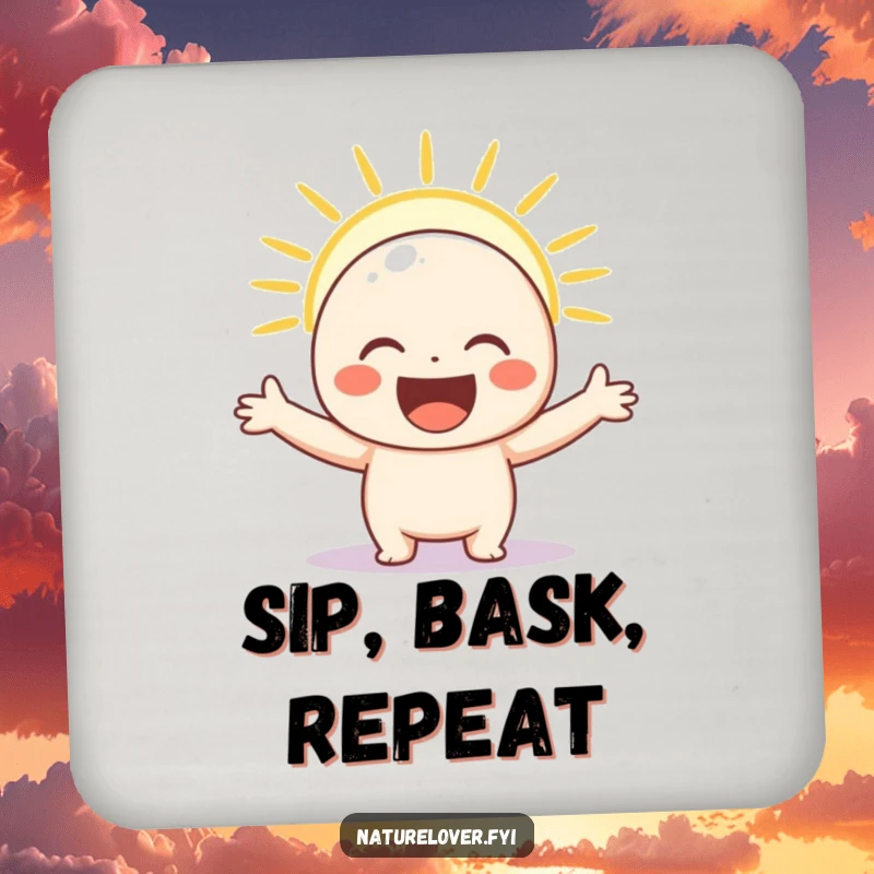 Funny drink coaster with a happy character arms spread wide, enjoying a sunbeam, adding cheer to any table.