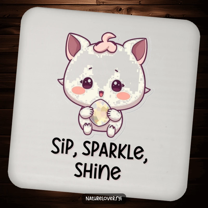 Funny Drink Coaster featuring a character in surprised delight holding a sparkling pebble, adding table charm.