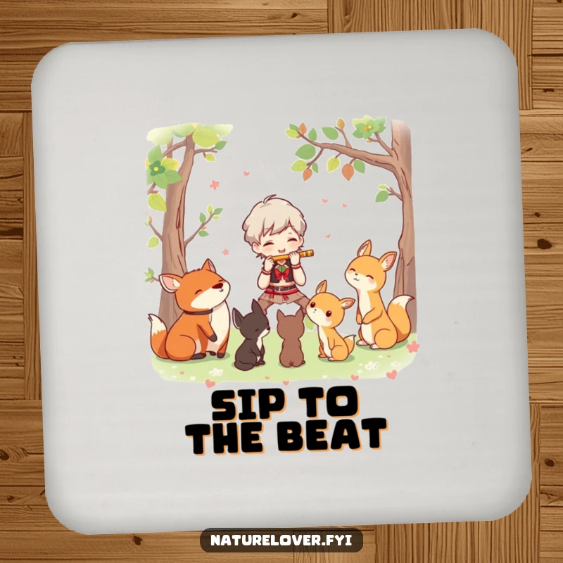 Funny drink coaster depicting a character joyfully playing a flute for a group of attentive woodland creatures, adding musical protection.