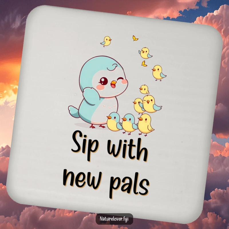 Funny Drink Coaster: Small character with a playful wink waves at tiny, cheerful birds, protecting surfaces with cheer.