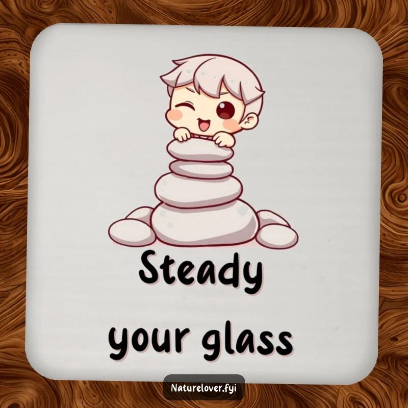Funny drink coaster depicting a character winking while attempting to balance a pile of smooth stones, adding mindful protection.