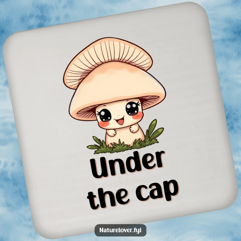 Funny coaster featuring a cute character with a playful grin peeking from behind a mushroom, adding playful art.
