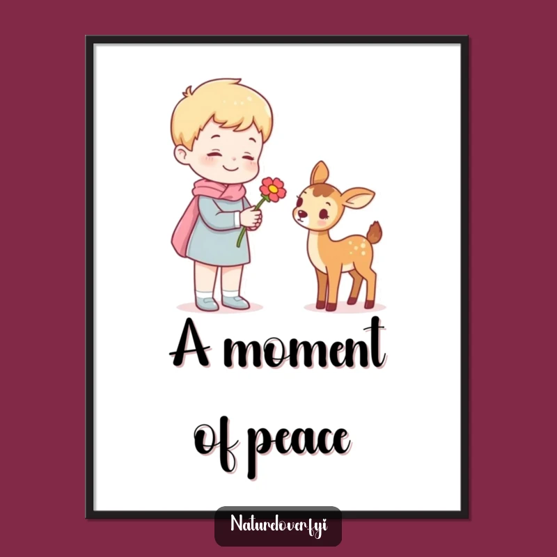 Funny Poster Print: Cheerful Figure Offers Flower to Miniature Deer Friend