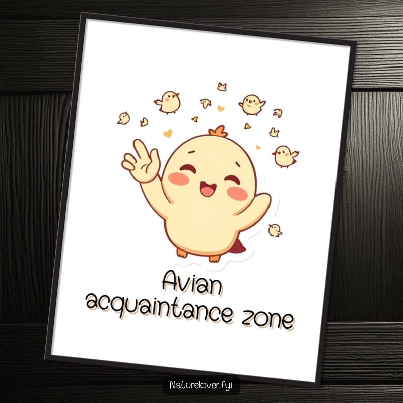 Funny Poster: A happy character waves energetically towards a group of small, cheerful birds in a delightful scene.