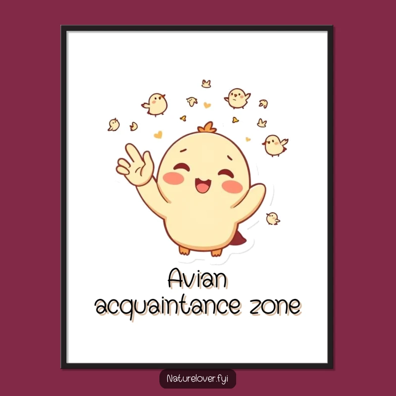 Funny Bird Greeting Poster: Happy Character Waving at Tiny Birds, Whimsical Art