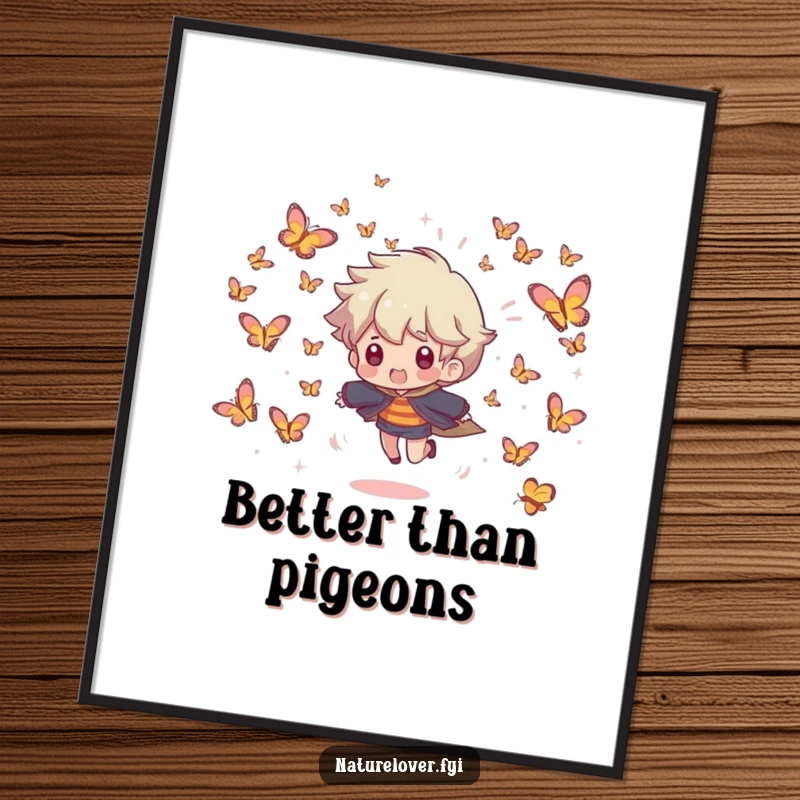 Funny poster depicting a character playfully chased by a swarm of tiny, smiling butterflies in a whimsical and joyful scene.