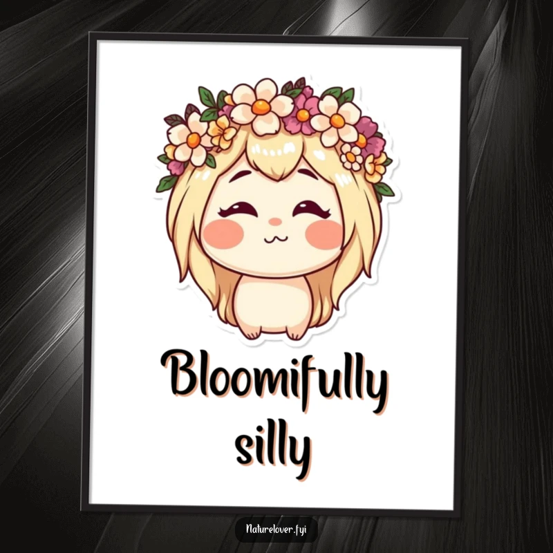 Funny poster illustration of a nature lover character wearing a flower crown and making a comical, silly face, celebrating outdoor joy.