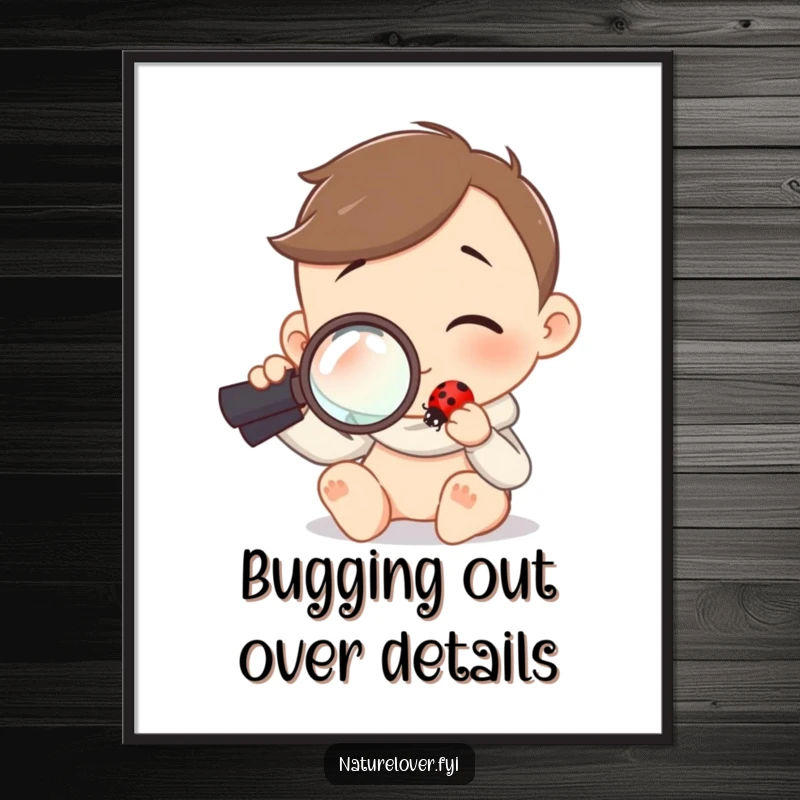 Funny poster print of a character holding a magnifying glass, curiously examining a tiny ladybug.
