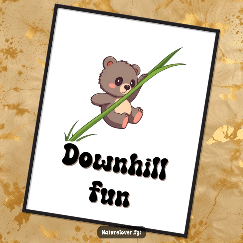 Funny bear cub poster showing a clumsy cub sliding down a single, massive blade of grass, adding humor to any wall.