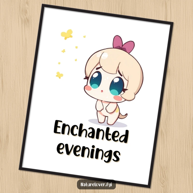 Funny art poster of a cute character with amazed eyes watching fireflies appear, embodying humorous fascination and the magic of night.